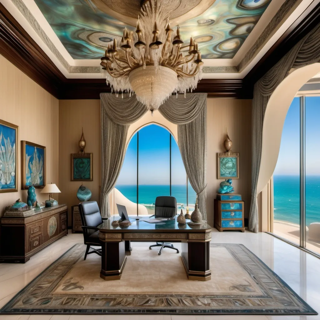 Prompt: Egyptian Dubai royal Mediterranean Balinese office covered in platinum abalone and abalone silk and as a Sandro Botticelli painting with elaborate abalone chandeliers and high ceilings and ocean views