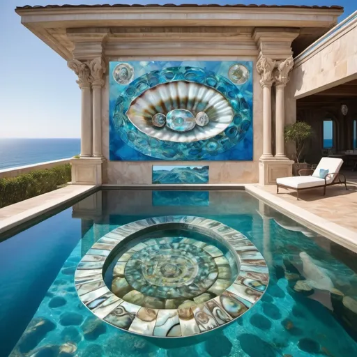 Prompt: Blue abalone and mother of pearl whimsical Renaissance enchanted executive penthouse outdoor pool in extravagant Ocean mansion as a Sandro Botticelli painting with dreamy blue hues