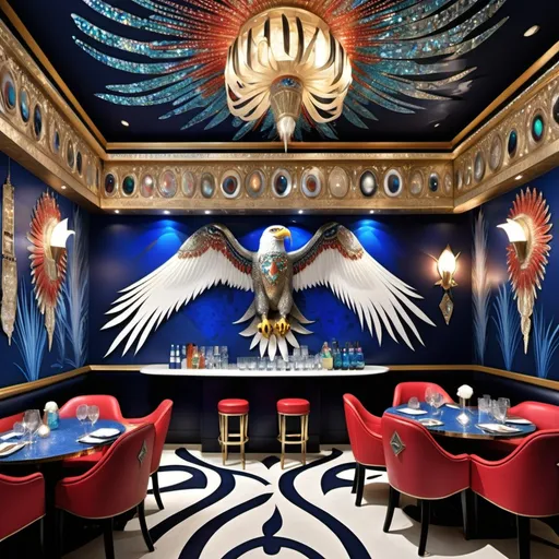 Prompt: 1920's Indian psychedelic Elaborate jewel beaded abalone eagle feathers murals Swarovski black and white and blue and indigo Monaco Indian Dubai Egyptian fine dining casino bar with high ceilings and elegant pearl abalone decor and tall micro orchids as a Sandro Botticelli painting interior design with red star beams Swarovski accents