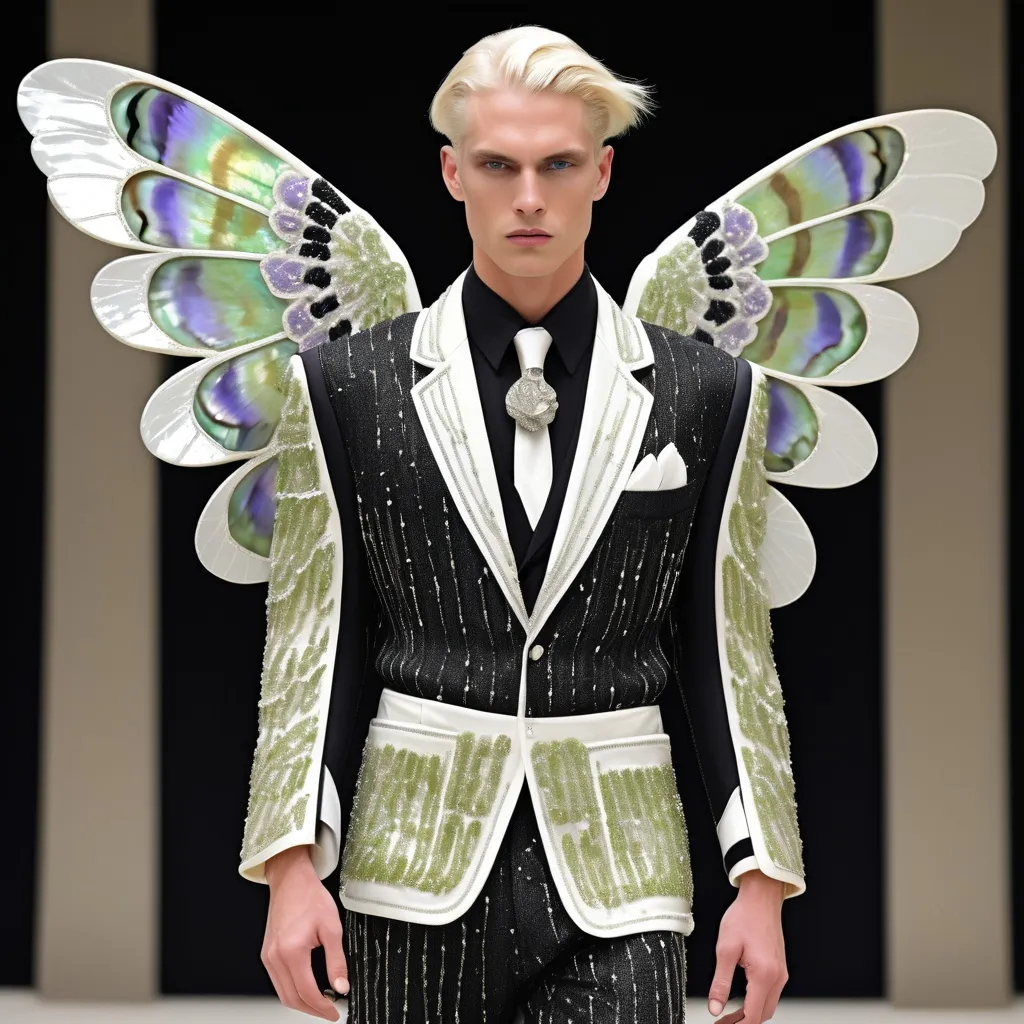 Prompt: Chanel Armani Gatsby extravagant luxury 1990's 1920's 1940's fashion in 
Black and white mother of pearl abalone on swedish Monaco slender tall gorgeous masculine muscular male model in elaborate beaded 1920's Chanel japanese fitted kimono iris van herpen silk embroidered suit with chartreuse chrome peach ABALONE ANGEL WINGS and with lavender hair as a Sandro Botticelli Portrait full body painting in Monaco casino