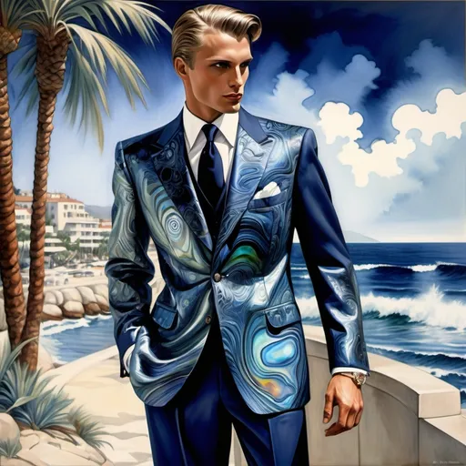 Prompt: Monaco palm beach swedish masculine suit outfit on 1929's 1990's Armani Chanel Hollywood ornate luxury Bulgarian Catalan female and male model painting with luminous pearl abalone navy chrome opal Jasper psychedelic blue black metallic indigo navy silver grey platinum watercolor silk hues