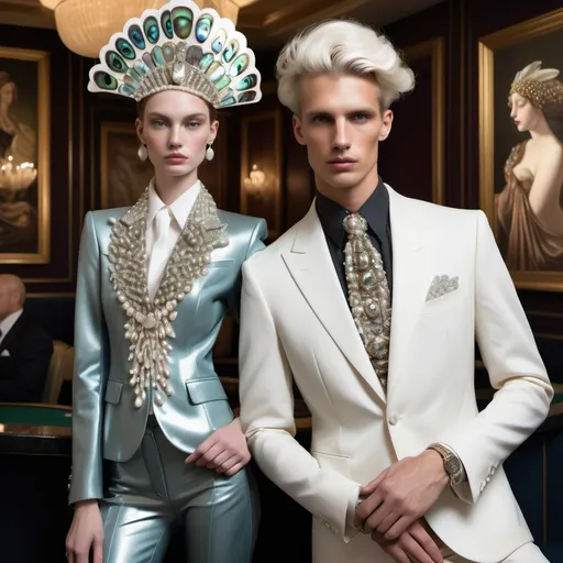 Prompt: Elaborate jewel beaded abalone Armani suit blazer on a masculine Monaco male model at casino posing with a slender gorgeous French swedish showgirl with elegant pearl abalone headdress as a Sandro Botticelli couple painting with a living white ermine pet with a crystal collar