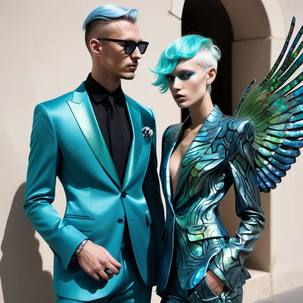 Prompt: a handsome male Catalan polish swedish divine sacred male model with blue hair and blue abalone Armani silk suit and iris van herpen arch Angel Michael wings a Monaco Bulgarian swedish French gorgeous female model with aqua hair and lavish cartier with whimsical gorgeous extravagant aestheticism,  featuring blue abalone and Mother of pearl and chartreuse  turquoise black Prada Armani emilio pucci Valentino fitted Balinese Amazonian silk gown as a Sandro Botticelli portrait painting with large Balinese Polynesian Cartier white  abalone headdress with green opals