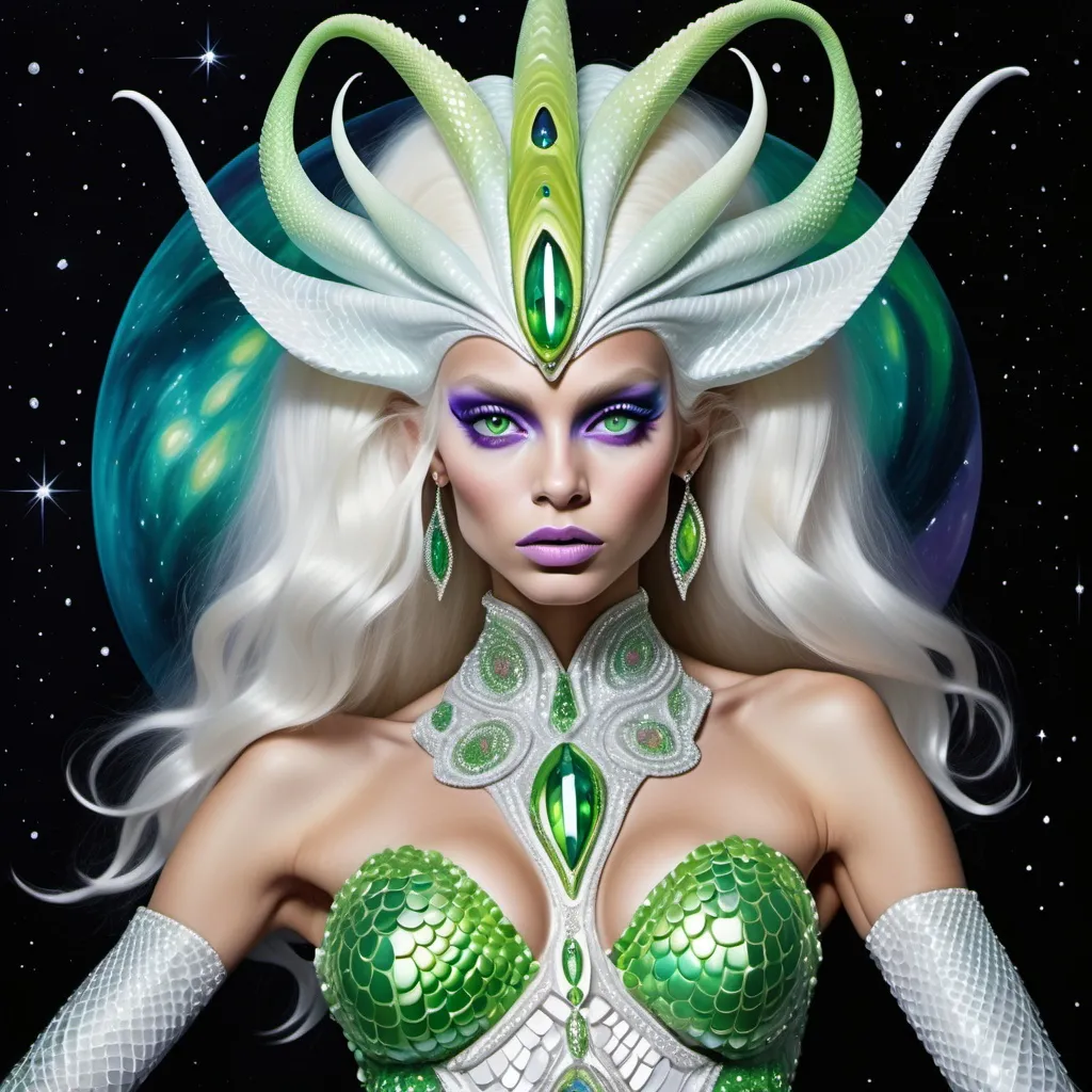 Prompt: Alien martian dreamy cosmic genie Indian  extraterrestrial platinum blonde hair and bright green alien dragon scale mermaid scale skin texture with pink eyes in zuhair Murad beaded fitted embellished pearly white luminous platinum silver chrome violet white pearl opal diamond Swarovski crystal costume gown as a Sandro Botticelli full body cosmic planetary Star Trek Green alien goddess dancer painting with large Cartier royal jewels and mother of pearl milky way green themed