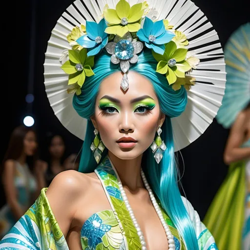 Prompt: Divine Angelic gorgeous feminine goddess Polynesian Hawaiian Balinese Thai Japanese geisha miss japan miss universe extravagant costume with vibrant turquoise styled hair and green eyes in zuhair Murad beaded fitted kimono gown in embellished pearly white blue gold chartreuse lime green pastel blue luminous blue topaz platinum silver chrome white pearl opal diamond Swarovski crystal as a Sandro Botticelli full body painting with large Cartier royal floral jewels and mother of pearl and white abalone aquamarine emerald citronite chartreuse micro orchid headdress with pearls blue lotus