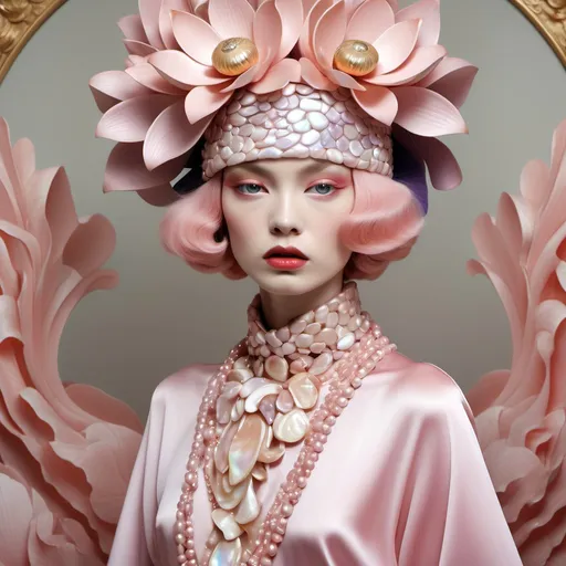 Prompt: Chanel Cartier Armani Gatsby extravagant luxury 1990's 1920's 1940's pink lotus pink dragon chinoiserie white abalone mother of pearl elaborate beaded 1920's Chanel japanese iris van herpen silk penthouse geisha featuring peach lavender and coral hair as a Sandro Botticelli Portrait painting in Georgia o Keefe style