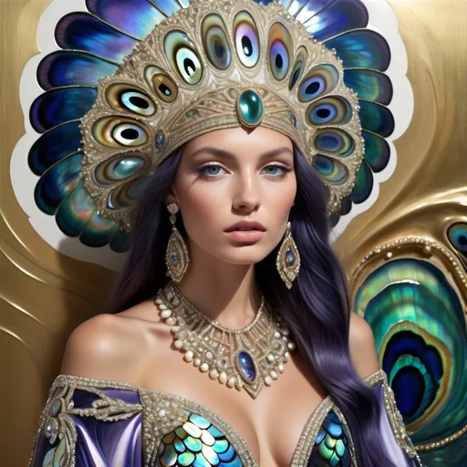 Prompt: a Monaco Bulgarian swedish French gorgeous female model with navy hair and lavish cartier with whimsical gorgeous extravagant  exotic aestheticism,  featuring violet white platinum gold abalone and Mother of pearl vibrant beaded zuhair Murad  ornate Swarovski abalone gown as a Sandro Botticelli portrait painting with large Balinese Polynesian Cartier gold  headdress with green abalone