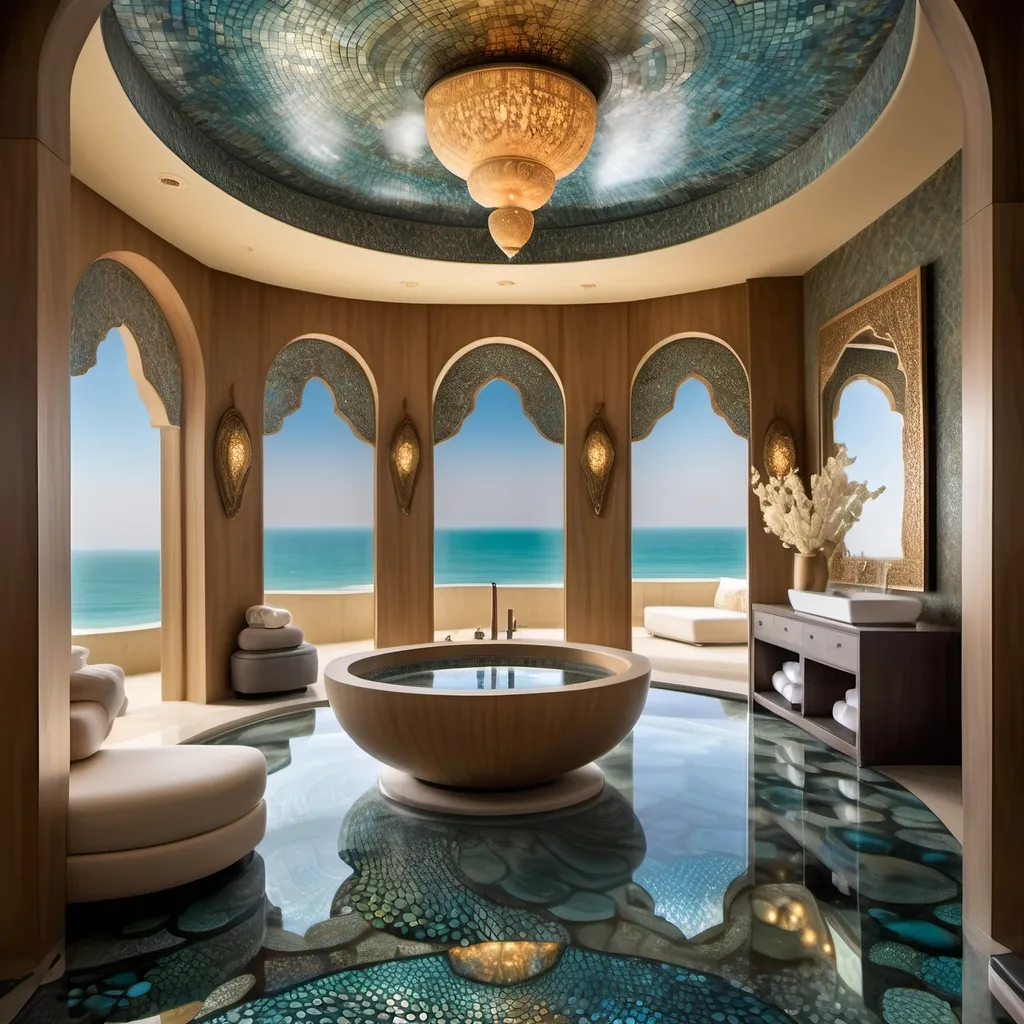 Prompt: Dubai royal Mediterranean Balinese spa room covered in abalone and abalone silk and abalone mosaics as a Sandro Botticelli painting with elaborate abalone chandeliers and high ceilings and ocean views