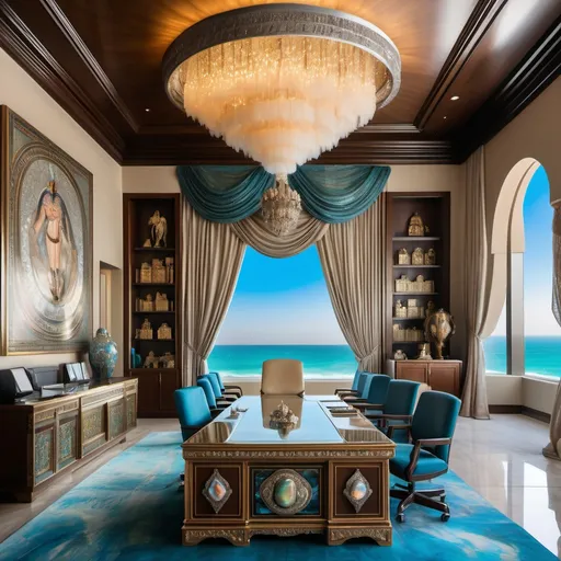 Prompt: Egyptian Dubai royal Mediterranean Balinese office covered in platinum abalone and abalone silk and as a Sandro Botticelli painting with elaborate abalone chandeliers and high ceilings and ocean views