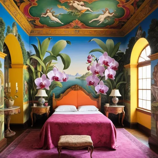 Prompt: vibrantly colorful exotic enchanted mythical bedroom with orchid murals as a sandro botticelli painting