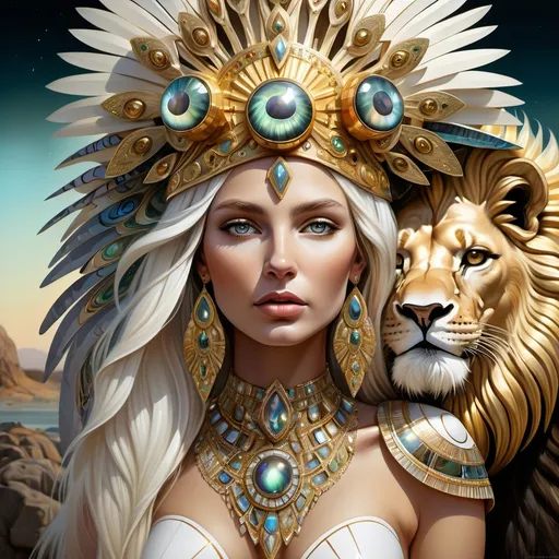 Prompt: Gorgeous white skinned Bulgarian goddess from south Africa with an ornate regal jeweled gold abalone headdress and a lion behind her,  futurism, highly detailed digital painting, a photorealistic painting