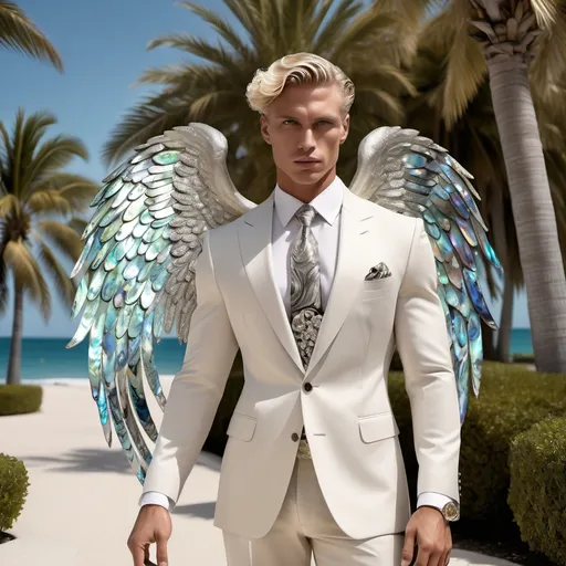 Prompt: Fitted Armani suit featuring  white platinum Swarovski abalone Arch angel Michael angel wings in center of back as a Sandro Botticelli  
Full body portrait painting with  Cartier on 1920's palm Beach Hollywood swedish French Monaco divine male muscular masculine platinum blonde handsome model