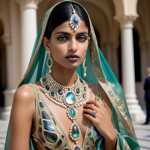 Prompt: Extravagant Indian tawaif luxury attire on female French Monaco feminine handsome model featuring Cartier and abalone blue silk jungle green gold platinum and opals 1920s 1990s Armani Swarovski pearl white accents