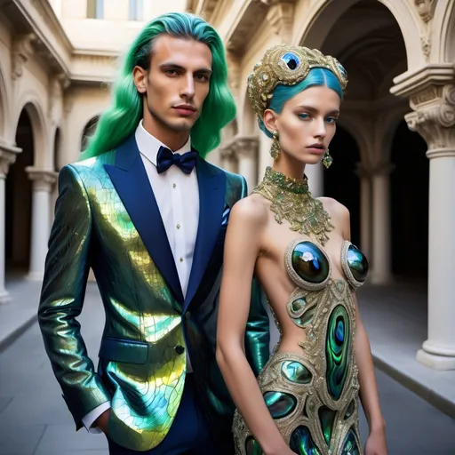 Prompt: a handsome male Catalan  swedish divine sacred male model with green hair and blue abalone Armani suit and a Monaco Bulgarian swedish French gorgeous female model with navy hair and lavish cartier with whimsical gorgeous extravagant  exotic aestheticism,  featuring gold abalone and Mother of pearl and chartreuse vibrant beaded zuhair Murad rami al ali fitted ornate Swarovski abalone gown as a Sandro Botticelli portrait painting with large Balinese Polynesian Cartier gold  headdress with green abalone