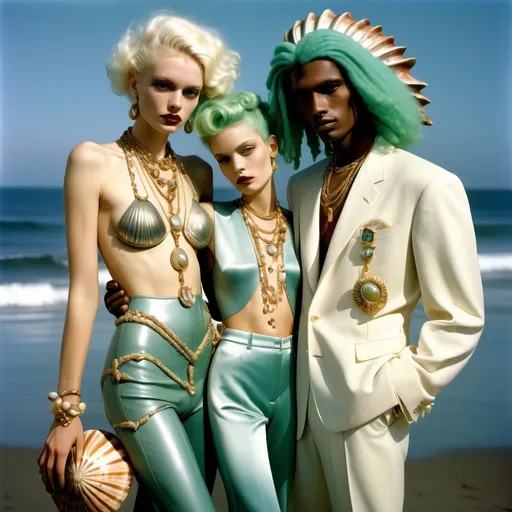 Prompt: Valentino PUCCI FERRAGAMO Armani 1990's 1920's PSYCHEDELIC Hollywood OUTFITS  WITH SHELLS  and gold Cartier accents and abalone on swedish Indian Brazilian slender tall gorgeous female and male model with sea foam green hair as a Sandro Botticelli full body elegant fashion editorial French couple portrait painting featuring two people and with mother of pearl and large abalone STARFISH SEA SHELL palm headdress with aquamarine and diamonds