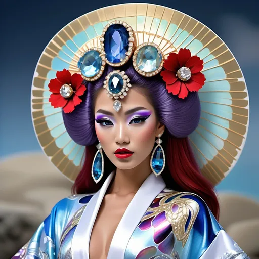 Prompt: Divine Angelic gorgeous feminine goddess Polynesian Hawaiian Balinese Thai Japanese geisha miss japan miss universe extravagant costume with vibrant red styled hair and purple eyes in zuhair Murad beaded fitted kimono gown in embellished pearly white blue gold navy indigo Abalone pastel blue luminous blue topaz platinum silver chrome white pearl opal diamond Swarovski crystal as a Sandro Botticelli full body painting with large Cartier green large royal floral jewels and mother of pearl and green psychedelic abalone emerald chartreuse headdress