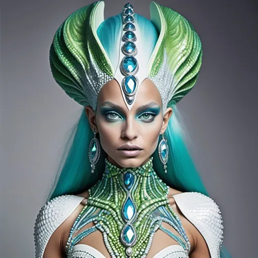 Prompt: Alien martian dreamy cosmic genie Indian  extraterrestrial platinum blue hair and bright green alien dragon scale mermaid scale skin texture with aqua eyes in zuhair Murad beaded fitted embellished pearly white luminous platinum silver chrome blue white pearl opal diamond Swarovski crystal costume gown as a Sandro Botticelli full body cosmic planetary Star Trek Green alien goddess dancer painting with large Cartier royal jewels and mother of pearl atlantis oceanic Atlantic mermaid themed