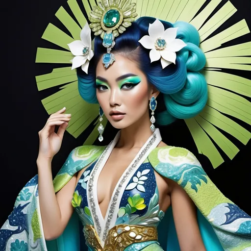 Prompt: Divine Angelic gorgeous feminine goddess Polynesian Hawaiian Balinese Thai Japanese geisha miss japan miss universe extravagant costume with vibrant turquoise styled hair and green eyes in zuhair Murad beaded fitted kimono gown in embellished pearly white blue gold chartreuse lime green navy indigo pastel blue luminous blue topaz platinum silver chrome white pearl opal diamond Swarovski crystal as a Sandro Botticelli full body painting with large Cartier royal floral jewels and mother of pearl and white abalone aquamarine emerald citronite chartreuse micro orchid headdress with pearls blue lotus