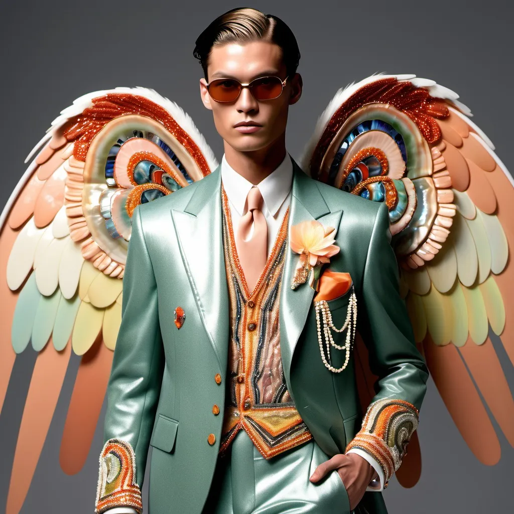 Prompt: Chanel Armani Gatsby extravagant luxury 1990's 1920's 1940's fashion in 
Orange red yellow white abalone on swedish Monaco Catalan Indian Japanese slender tall gorgeous masculine muscular tan stunning male model in elaborate beaded 1920's Chanel japanese Korean fitted  suit with navy chrome peach green ABALONE ANGEL WINGS as a Sandro Botticelli Portrait full body painting in Monaco casino