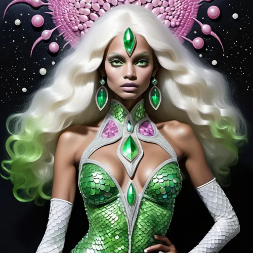 Prompt: Alien martian dreamy cosmic genie Indian  extraterrestrial platinum blonde hair and bright green alien dragon scale mermaid scale skin texture with pink eyes in zuhair Murad beaded fitted embellished pearly white luminous platinum silver chrome violet white pearl opal diamond Swarovski crystal costume gown as a Sandro Botticelli full body cosmic planetary Star Trek Green alien goddess dancer painting with large Cartier royal jewels and mother of pearl milky way green themed