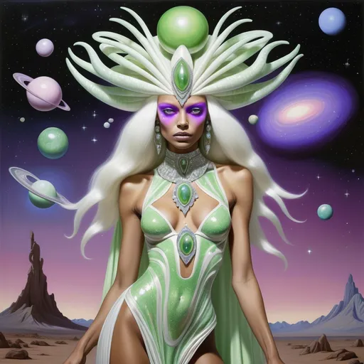 Prompt: Alien martian dreamy cosmic genie Indian  extraterrestrial platinum blonde hair and green alien skin with pink eyes in zuhair Murad beaded fitted embellished pearly white luminous platinum silver chrome violet white pearl opal diamond Swarovski crystal costume gown as a Sandro Botticelli full body cosmic planetary Star Trek Green alien goddess dancer painting with large Cartier royal jewels and mother of pearl milky way green themed