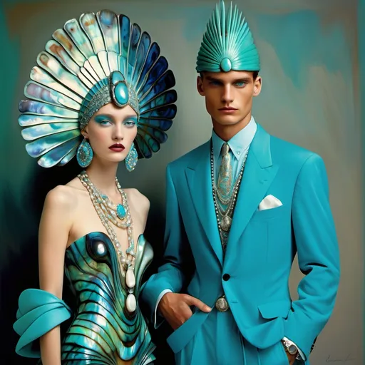 Prompt: Valentino FERRAGAMO Armani 1990's 1920's ornate chanel Hollywood gown with vibrant neon aqua abalone on swedish  Caribbean gorgeous female and male model with and vibrant turquoise blue styled hair as a Sandro Botticelli full body elegant fashion editorial French couple portrait painting featuring two people and with large mother of pearl and indigo abalone SHELL palm headdress with and diamonds shaped like cosmic stars