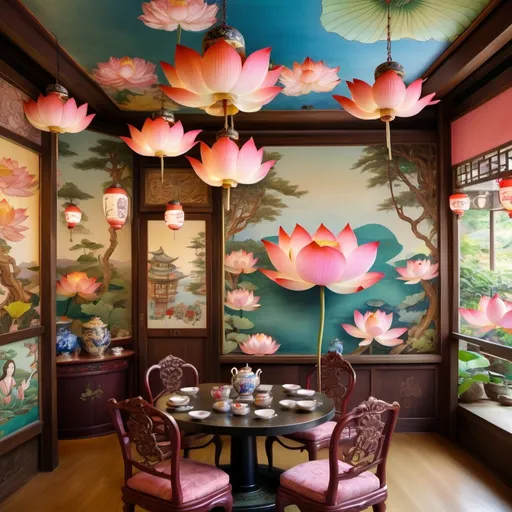 Prompt: Gorgeous divine whimsical mythical elegant Japanese exotic tea shop with colorful ornate large lotus chandeliers and lotus murals on walls as a Sandro Botticelli portrait painting with vibrant colors 