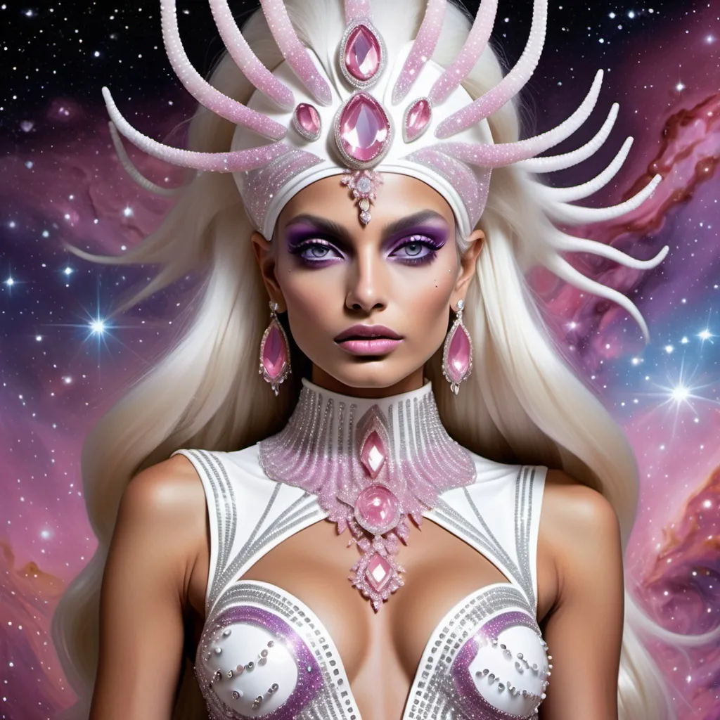 Prompt: White dreamy cosmic genie Indian water extraterrestrial goddess Monaco swedish indian casino showgirl miss India miss universe extravagant pink diamonds and platinum blonde hair and pink eyes in zuhair Murad beaded fitted embellished pearly white luminous platinum silver chrome violet white pearl opal diamond Swarovski crystal costume gown as a Sandro Botticelli full body cosmic planetary Star Trek alien goddess painting with large Cartier royal jewels and mother of pearl milky way venus Aphrodite themed