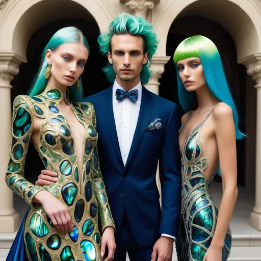 Prompt: a handsome male Catalan  swedish divine sacred male model with green hair and blue abalone Armani suit and a Monaco Bulgarian swedish French gorgeous female model with navy hair and lavish cartier with whimsical gorgeous extravagant  exotic aestheticism,  featuring gold abalone and Mother of pearl and chartreuse vibrant beaded zuhair Murad rami al ali fitted ornate Swarovski abalone gown as a Sandro Botticelli portrait painting with large Balinese Polynesian Cartier gold  headdress with green abalone