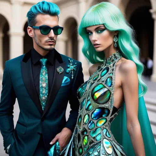 Prompt: a handsome male Catalan Greek swedish divine sacred male model with green hair and blue abalone Armani silk suit and a Monaco Bulgarian swedish French gorgeous female model with aqua hair and lavish cartier with whimsical gorgeous extravagant aestheticism,  featuring blue abalone and Mother of pearl and chartreuse pale blue neon turquoise black vibrant beaded zuhair Murad rami al ali fitted ornate Swarovski abalone gown as a Sandro Botticelli portrait painting with large Balinese Polynesian Cartier white  abalone headdress with green opals