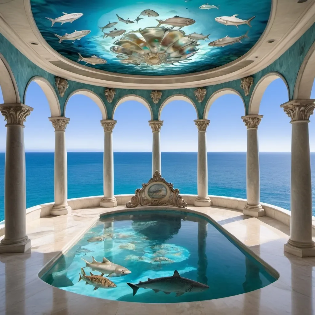 Prompt: Blue abalone and mother of pearl whimsical Renaissance enchanted executive penthouse outdoor pool in extravagant Ocean mansion as a Sandro Botticelli painting with dreamy blue hues and fish tank with sharks