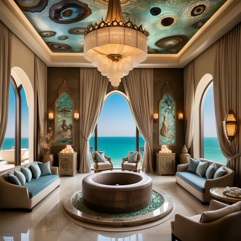 Prompt: Dubai royal Mediterranean Balinese spa room covered in abalone and abalone silk and as a Sandro Botticelli painting with elaborate abalone chandeliers and high ceilings and ocean views