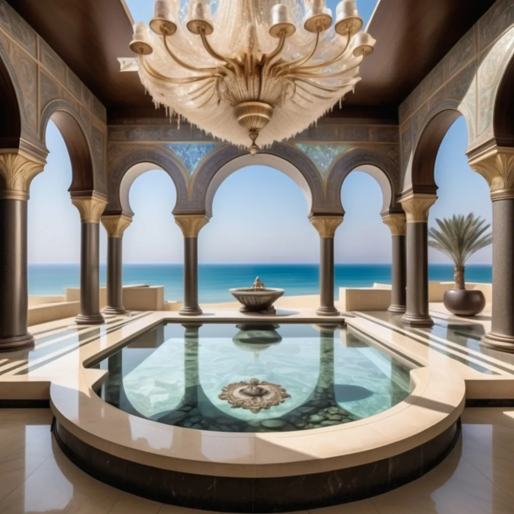 Prompt: Egyptian Dubai royal Mediterranean Balinese outdoor pool with abalone covered in platinum abalone and abalone silk and as a Sandro Botticelli painting with elaborate abalone chandeliers and high ceilings and ocean views