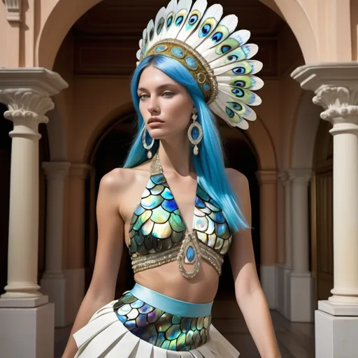 Prompt: Monaco Bulgarian swedish female model with blue hair and lavish cartier with whimsical gorgeous extravagant aestheticism,  featuring blue abalone and Mother of pearl and chartreuse  turquoise emilio pucci Valentino fitted halter top and pleated flamenco skirt as a Sandro Botticelli portrait painting with Polynesian Cartier white  abalone headdress with light opal