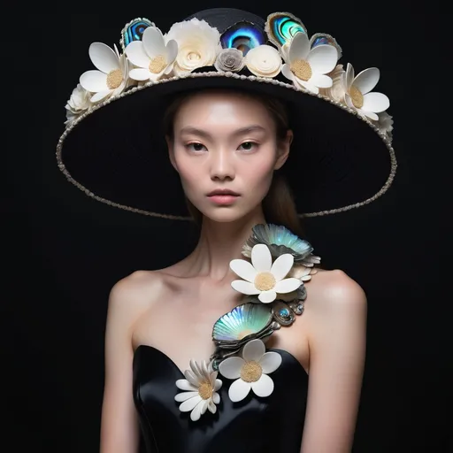 Prompt: Monaco female model with flowers in her hair and a hat on her head and a black background with a white flower, whimsical gorgeous Chen Lu, aestheticism, flowers, portrait featuring abalone and Mother of pearl and black Valentino fitted gown