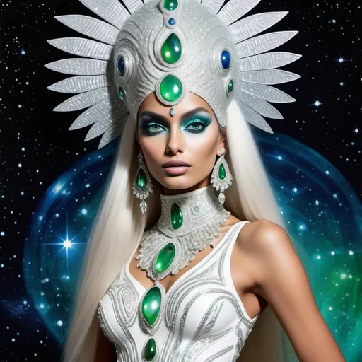 Prompt: White dreamy cosmic genie Indian water extraterrestrial goddess Monaco swedish indian casino showgirl miss India miss universe extravagant with green blueskin and platinum blonde hair and blue eyes in zuhair Murad beaded fitted embellished pearly white luminous platinum silver chrome white pearl opal diamond Swarovski crystal costume gown as a Sandro Botticelli full body cosmic planetary Star Trek alien goddess painting with large Cartier royal jewels and mother of pearl