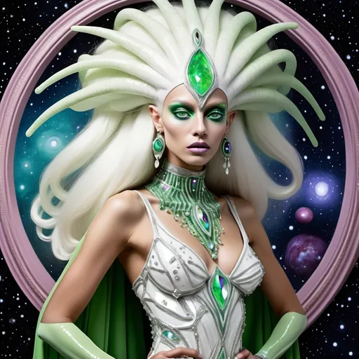 Prompt: Alien martian dreamy cosmic genie Indian  extraterrestrial platinum blonde hair and green alien skin with pink eyes in zuhair Murad beaded fitted embellished pearly white luminous platinum silver chrome violet white pearl opal diamond Swarovski crystal costume gown as a Sandro Botticelli full body cosmic planetary Star Trek Green alien goddess dancer painting with large Cartier royal jewels and mother of pearl milky way green themed