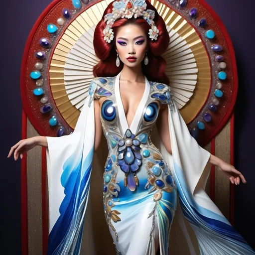 Prompt: Divine Angelic gorgeous feminine goddess Polynesian Hawaiian Balinese Thai Japanese geisha miss japan miss universe extravagant costume with vibrant red styled hair and purple eyes in zuhair Murad beaded fitted kimono gown in embellished pearly white blue gold navy indigo Abalone pastel blue luminous blue topaz platinum silver chrome white pearl opal diamond Swarovski crystal as a Sandro Botticelli full body painting with large Cartier green large royal floral jewels and mother of pearl and green psychedelic abalone emerald chartreuse headdress