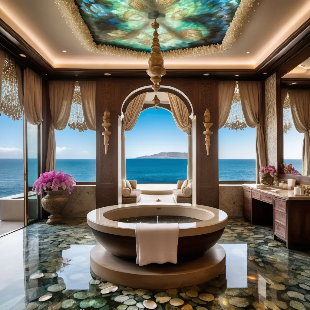 Prompt: An extravagant Turkish Mediterranean Portuguese Balinese Indian luxury mansion spa room that has pearls showering from the ceiling into a fountain and abalone covered walls and mother of pearl floors and micro orchids as a Sandro Botticelli painting with ocean views