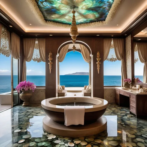 Prompt: An extravagant Turkish Mediterranean Portuguese Balinese Indian luxury mansion spa room that has pearls showering from the ceiling into a fountain and abalone covered walls and mother of pearl floors and micro orchids as a Sandro Botticelli painting with ocean views