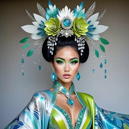 Prompt: Divine Angelic gorgeous feminine goddess Polynesian Hawaiian Balinese Thai Japanese geisha miss japan miss universe extravagant costume with vibrant turquoise styled hair and green eyes in zuhair Murad beaded fitted embellished pearly white blue gold chartreuse lime green pastel blue luminous blue topaz platinum silver chrome white pearl opal diamond Swarovski crystal costume gown as a Sandro Botticelli full body painting with large Cartier royal floral jewels and mother of pearl and white abalone aquamarine headdress with pearls blue lotus