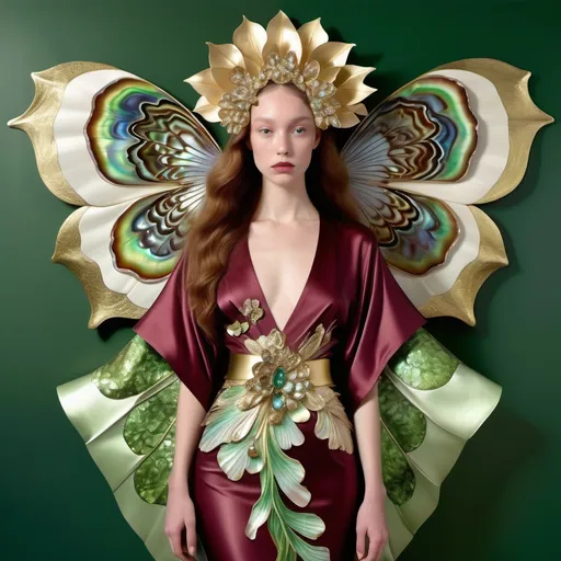 Prompt: Large 3d elaborate orchid abalone belt on a sleek plain red burgundy Ralph Lauren fitted silk kimono gown green gold iris van herpen butterfly wings in center of back as a Sandro Botticelli  
Full body portrait painting with a large jeweled lotus leaf lime green abalone headdress