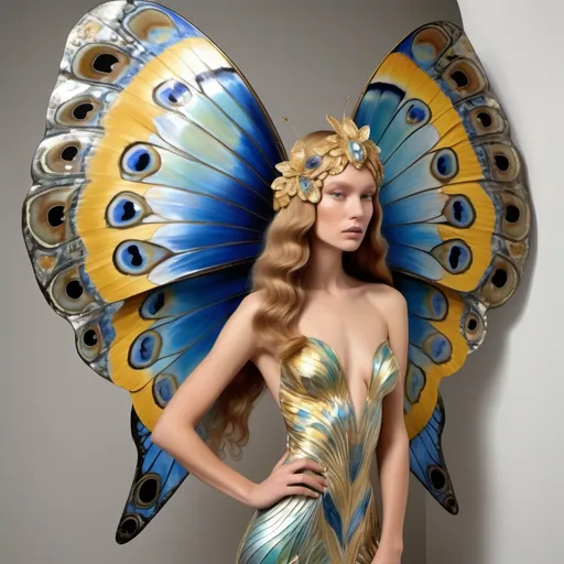 Prompt: Fitted zuhair Murad silk gown featuring yellow blue white gold black iris van herpen butterfly wings in center of back as a Sandro Botticelli  
Full body portrait painting with a large   Cartier abalone headdress on 1970's 1920's palm Beach Hollywood swedish French model