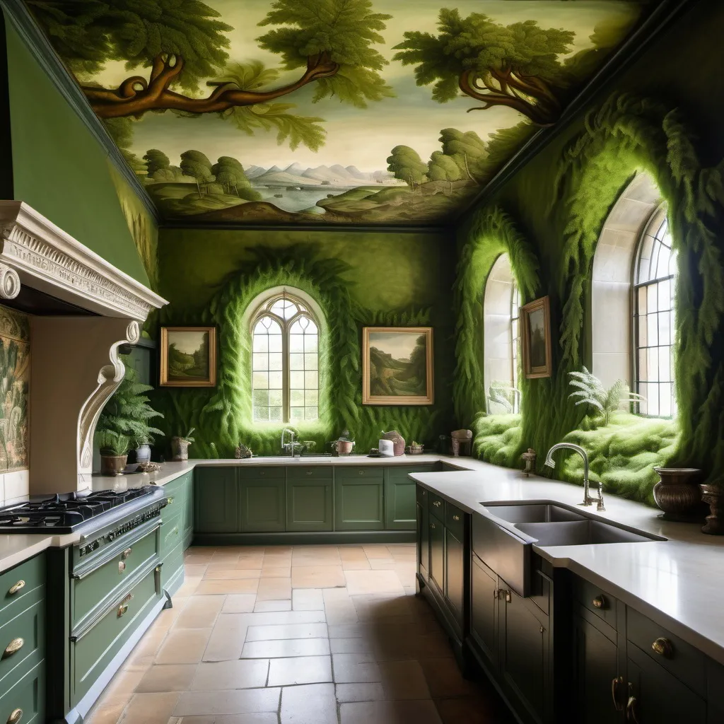 Prompt: Luxury Scottish castle kitchen with fern murals and green moss walls as a Sandro Botticelli painting