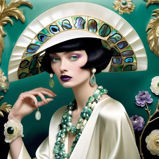 Prompt: Chanel Cartier Gatsby extravagant luxury 1990's 1920's  chinoiserie white shiny luminous abalone mother of pearl elaborate silk white platinum gold penthouse fashion with green abalone and featuring violet jade chartreuse pearl diamond blue black and floral calligraphy art as a Sandro Botticelli painting in Georgia o Keefe transcendent psychedelic style