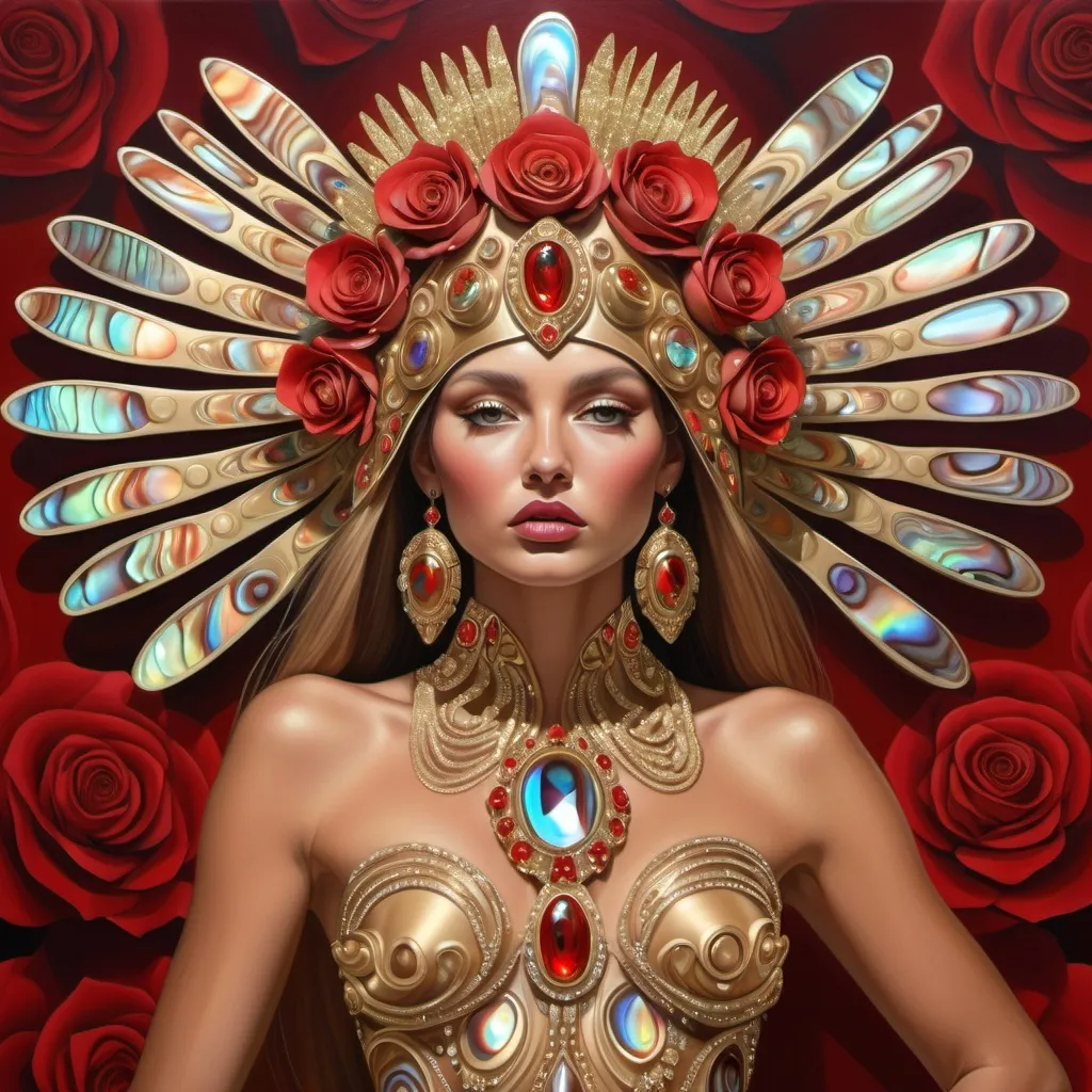 Prompt: Gorgeous tan Bulgarian goddess with an ornate regal jeweled gold red abalone headdress ,  futurism, highly detailed digital painting, a photorealistic painting with Bulgaria Swarovski roses on a Valentino French silk gown in red abalone on a runway with red abalone stilettos