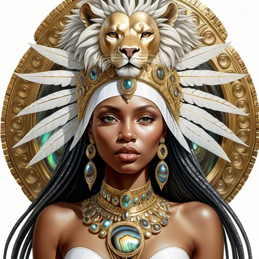 Prompt: Gorgeous white skinned Bulgarian goddess from south Africa with an ornate regal jeweled gold abalone headdress and a lion behind her, , Chinwe Chukwuogo-Roy, futurism, highly detailed digital painting, a photorealistic painting