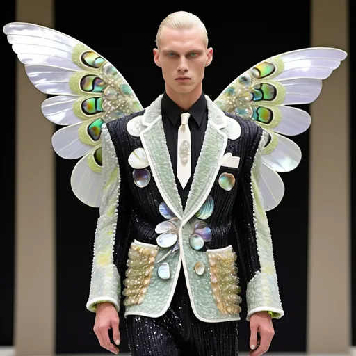 Prompt: Chanel Armani Gatsby extravagant luxury 1990's 1920's 1940's fashion in 
Black and white mother of pearl abalone on swedish Monaco slender tall gorgeous masculine muscular male model in elaborate beaded 1920's Chanel japanese fitted kimono iris van herpen silk embroidered suit with chartreuse chrome peach ABALONE ANGEL WINGS and with lavender hair as a Sandro Botticelli Portrait full body painting in Monaco casino