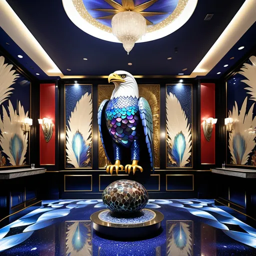 Prompt: 1920's Indian psychedelic Elaborate jewel beaded abalone eagle feathers murals Swarovski black and white and blue and indigo Monaco Indian Dubai Egyptian fine dining casino bar with high ceilings and elegant pearl abalone decor and tall micro orchids as a Sandro Botticelli painting interior design with red star beams Swarovski accents and blue watercolor abalone marble floor and eagle statue made of fire opal and abalone