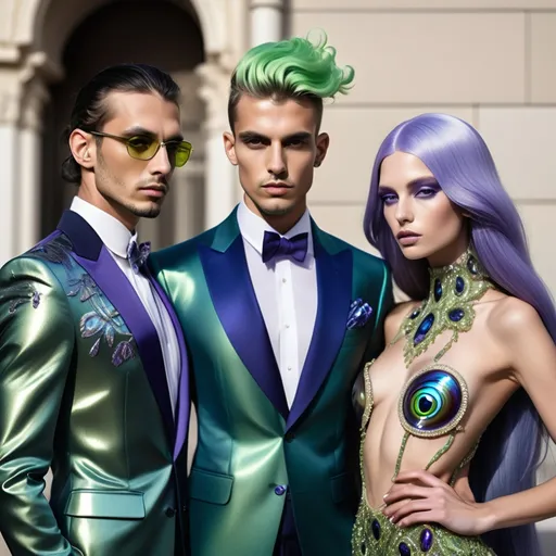 Prompt: a handsome male Catalan  swedish divine sacred male model with green hair and blue abalone Armani suit and a Monaco Bulgarian swedish French gorgeous female model with navy hair and lavish cartier with whimsical gorgeous extravagant  exotic aestheticism,  featuring violet lavender gold abalone and Mother of pearl and chartreuse vibrant beaded zuhair Murad rami al ali fitted ornate Swarovski abalone gown as a Sandro Botticelli portrait painting with large Balinese Polynesian Cartier gold  headdress with green abalone